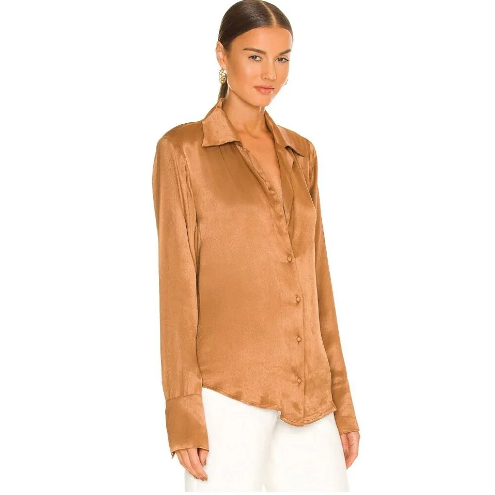 ATOIR “The Zodiac” Shirt NWT Size M/10 Tan Slinky Deep V-Neck Button Down